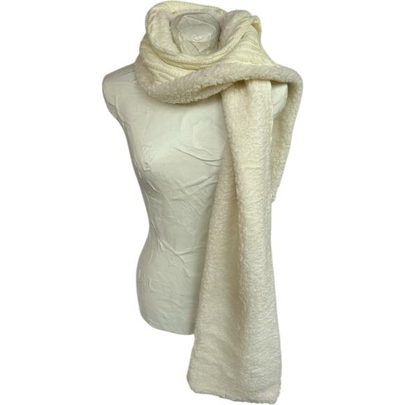 Womens White Long Scarf Chunky Cable Knit Reversible Faux Shearling Winter Warm - Picture 1 of 8